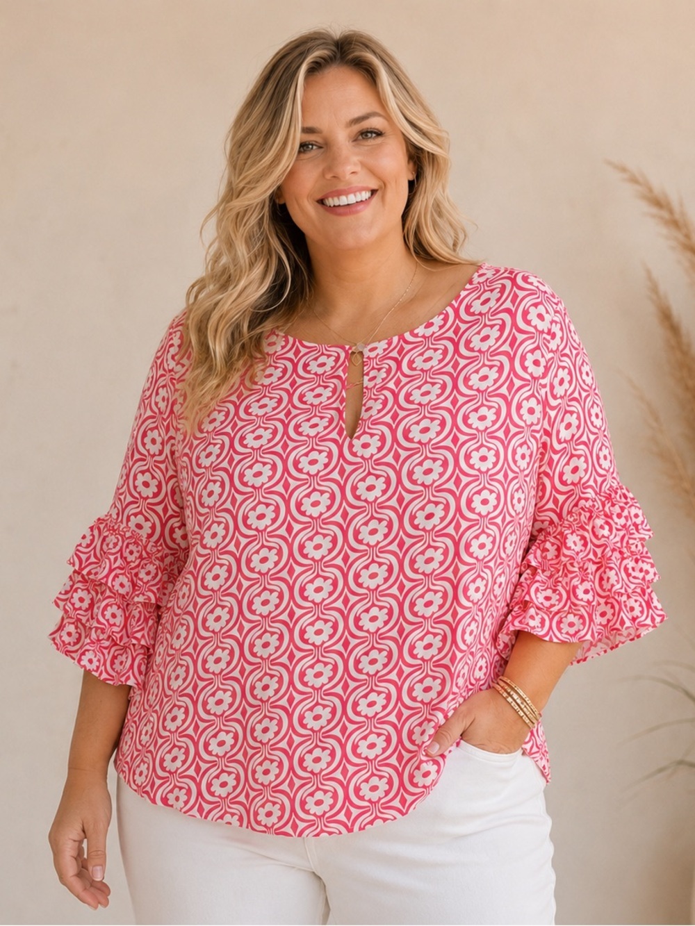 Pink Patterned Ruffle-Sleeve Women's Top